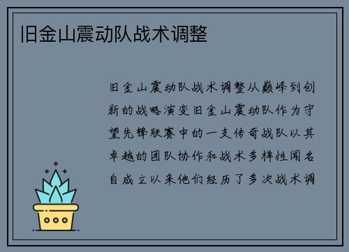 旧金山震动队战术调整