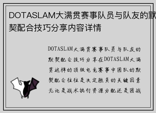 DOTASLAM大满贯赛事队员与队友的默契配合技巧分享内容详情